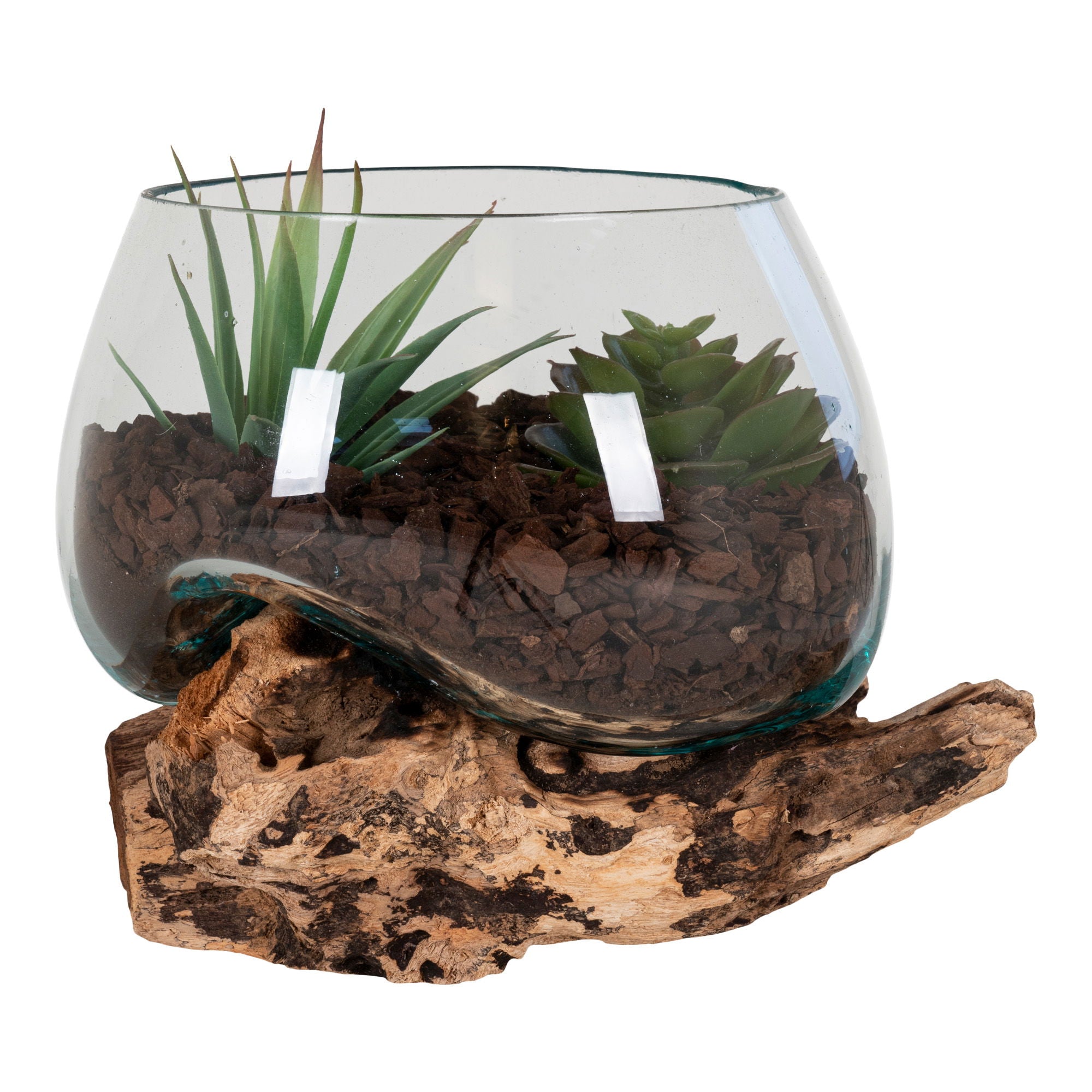 Glasobjekt auf Teakholz, natur, H15 cm